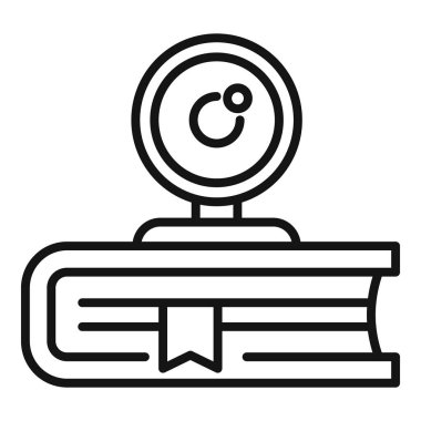 Web kamerasının siyah beyaz çizgili sanatı çevrimiçi eğitim veya sanal iletişimi resmeden kapalı bir kitaba yerleştirilmiş.