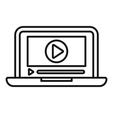 Bir dizüstü bilgisayar ekranındaki çevrimiçi video içeriği ikonunun modern siyah ve beyaz düz tasarım vektör grafiği. Ağ için uygun. Multimedya. Öğrenme