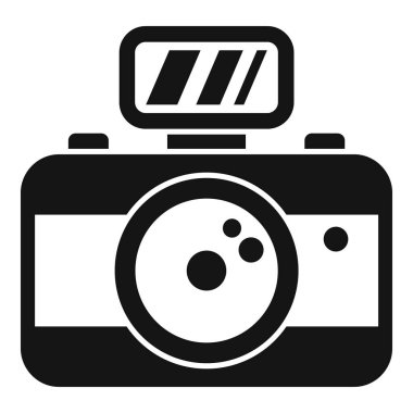 Siyah ve beyaz renkli klasik kamera ikonu, basit ve minimalist retro hissi olan vektör grafik tasarımı, fotoğraf ve teknoloji kavramları için mükemmel.