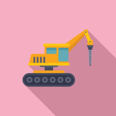 Pembe arka planda izole edilmiş, matkap eklentisi olan sarı bir çizgi film kazı makinesinin düz tasarımı.