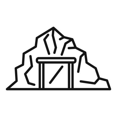 Kayalarla çevrili basit bir mağara girişinin minimalist siyah beyaz çizimi