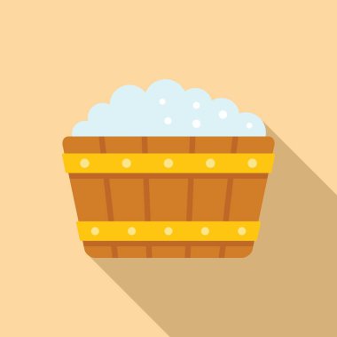 Sıcak bir zemin üzerinde baloncuklarla dolu ahşap bir küvetin renkli vektör çizimi