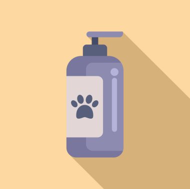 Pençe izi etiketli evcil şampuan şişesinin vektör çizimi ve tımar ve hijyen bakımı için pompa dağıtıcısı. Basit ve düz grafik tasarımı