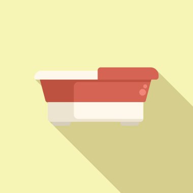 Klasik kırmızı ve beyaz bir küvetin düz tasarımı yumuşak pastel arka planda retro cazibesiyle