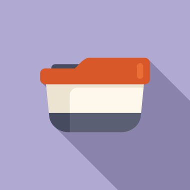 Mor arka planda kapağı olan turuncu ve beyaz plastik bir kabın düz tasarım çizimi