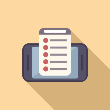 Kontrol listesi gösteren bir cep telefonunun düz tasarım vektörü, bej bir arkaplanda bir gölge oluşturur