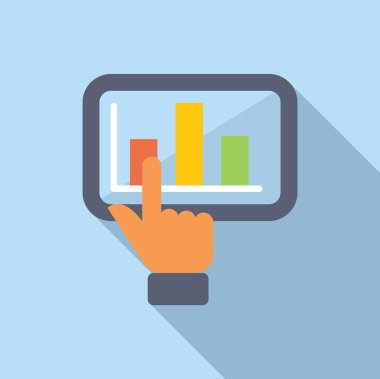 Dijital tablette bir elin düz tasarım vektörü çubuk grafiği ile etkileşime girer