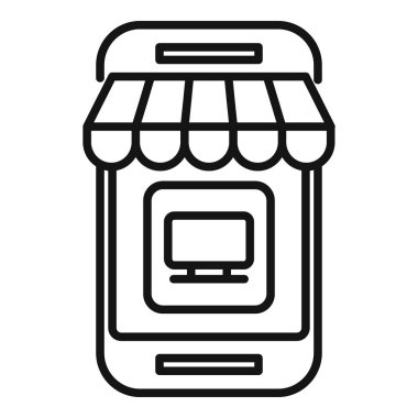 Bir dükkan tentesindeki bilgisayar ekranının siyah beyaz çizgisi çizimi, ekomünikleri sembolize eder.