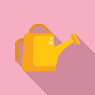 Yumuşak pembe bir zeminde canlı sarı bir sulama kutusunun düz tasarım çizimi