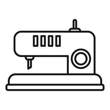 Moda tasarımı ve tekstil endüstrisi için mükemmel, terzi, zanaat ve dikiş çizimi için basit siyah beyaz çizgi sanat tarzında modern dikiş makinesi simgesi