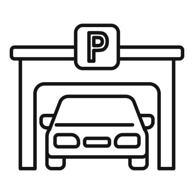 Garaja park etmiş bir arabayı gösteren basit bir çizgi resim simgesi, park işaretleri ya da uygulamalar için ideal