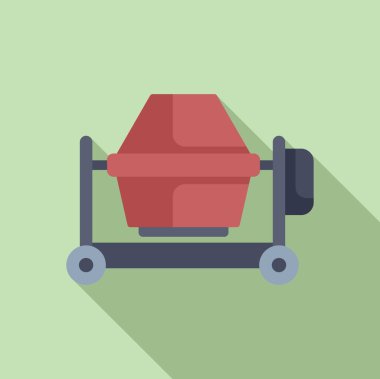 Modern düz tasarım tarzında, yeşil arkaplanda gölgesi olan kırmızı beton karıştırıcının vektör grafiği