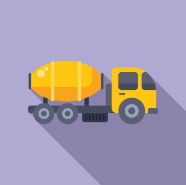 Mor arka planda gölgesi olan sarı çimento karıştırıcı kamyonun düz tasarım çizimi