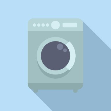 Yumuşak mavi arkaplanda ön yük tarzına sahip çağdaş bir çamaşır makinesinin düz tasarım simgesi