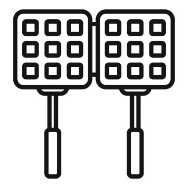 Çizgi sanatı, mutfak gereçleri, yemek ekipmanları ve kahvaltı hazırlama için izole tasarım unsurları olan siyah beyaz waffle ızgara ikonunun vektör çizimi