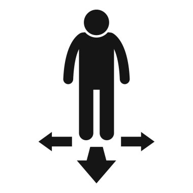 Beyaz zemin üzerinde farklı yönlere bakan dört oklu bir kişinin siyah simgesi