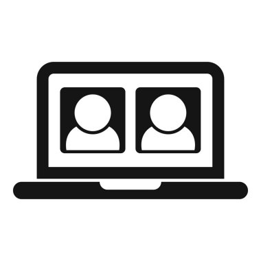 Bir dizüstü bilgisayarda iki profille çevrimiçi bir toplantıyı temsil eden grafik simgesi