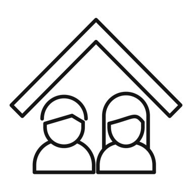 Basit çizgi simgesi, bir evin ana hatlarıyla ve altında iki figürle evde kalır.