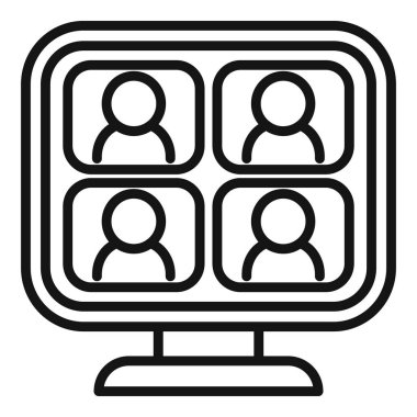 Dijital ekranlardaki kullanıcı simgeleri, konferans aramaları, webinarlar ve uzak çalışma için vektör biçiminde simetrik ve minimalist toplantı simgesi çizimi