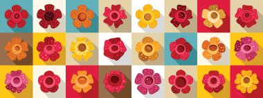 Rafflesia flat vector icons. A colorful array of flowers in a grid pattern. The flowers are of various sizes and colors, including red, yellow, and orange. Concept of vibrancy and diversity clipart