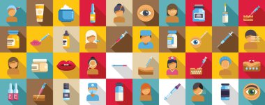 Botoks düz vektör simgeleri. Tıbbi simgeler ve semboller koleksiyonu. Görüntü, hemşire, doktor ve şırınga da dahil olmak üzere çeşitli tıbbi malzemelerin ve insanların kolajı. Sahne bilgilendiricidir ve...