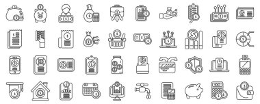 Aile bütçesi taslak simgeleri. Bir kumbara, bir cüzdan, bir hesap makinesi ve bir saat de dahil olmak üzere parayla ilgili ikonlar koleksiyonu.