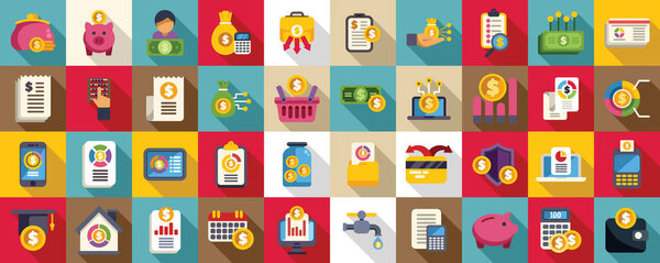 Семейный бюджет квартиры. Коллекция финансовых икон, включая копилку, кошелек, калькулятор и ноутбук