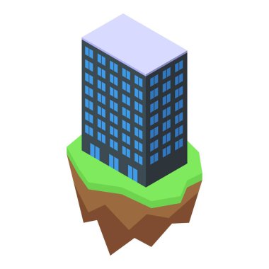 İzole edilmiş yüzen bir arazide modern bir ofis binasının 3D görüntüsü