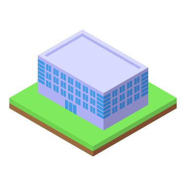 Yeşil çimenlikte izole edilmiş modern bir izometrik ofis binasının vektör çizimi