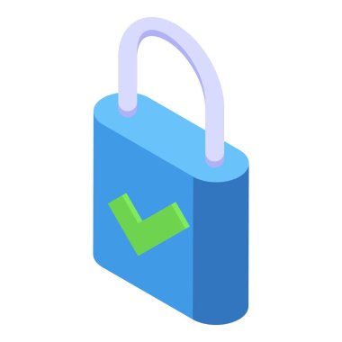 Yeşil işaretli asma kilidin renkli izometrik çizimi, güvenlik ve erişimi simgeliyor.