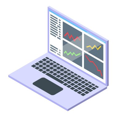 Renkli finansal grafikler ve veri analizlerini gösteren bir dizüstü bilgisayarın 3D izometrik çizimi