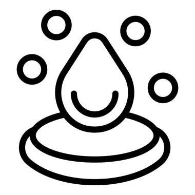 Minimalist siyah beyaz çizgi sanatında gülümseyen su damlası ikonu. Saflığı ve mutluluğu sembolize ediyor. Çevre koruma ve susuzluk için mükemmel.
