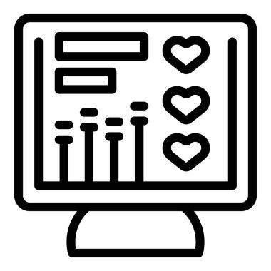 Bir bilgisayar monitörünün siyah ve beyaz ana hatlı vektör simgesi, müşteri reytinglerini kalplerle gösteriyor