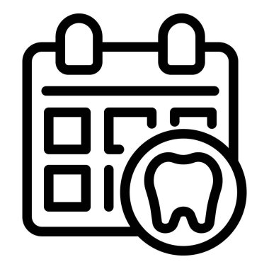 Diş randevusu için siyah çizgi vektör simgesi, takvim ve diş sembolü içerir