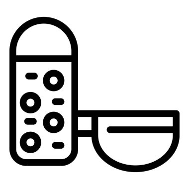 Bir kapsülün yarısı ilaç kabı olarak tasarlanmış basit bir siyah beyaz vektör grafiği.