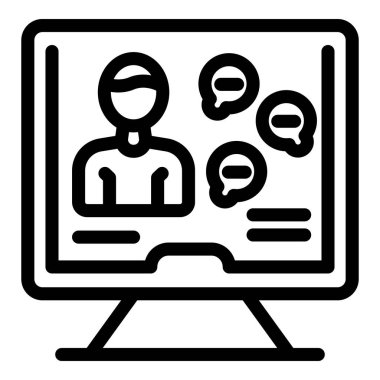 Bilgisayar ekranında video sohbet baloncukları tasvir eden siyah-beyaz çevrimiçi iletişim simgesinin vektör çizimi. İnternet konferansı ve sosyal medya için mükemmel.