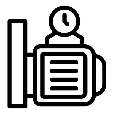 Siyah ve beyaz simgesi bir muhabiri mikrofon ve yayın zamanlayıcısı ile resmediyor, medya kavramları için mükemmel