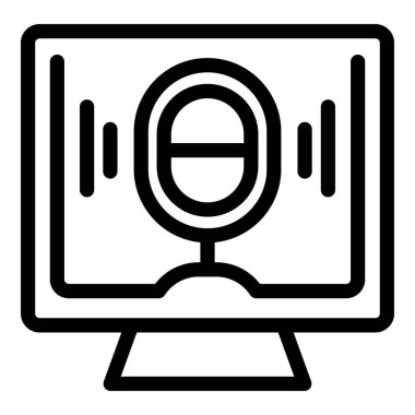 Masaüstü monitöründe ses dalgaları olan bir mikrofon tasvir eden siyah ve beyaz vektör simgesi, multimedya kavramları için ideal