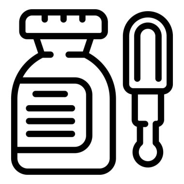 Sağlık hizmetleri kavramları için bir ilaç şişesi ve termometre tasvir eden siyah çizgi simgesi