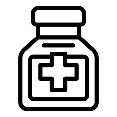 Sağlık hizmetleri ve eczane kullanıcı arayüzü tasarımı için siyah beyaz minimalist tıbbi şişe çizgisi simgesi. Düzenlenebilir darbeyle temiz ve modern vektör çizimi