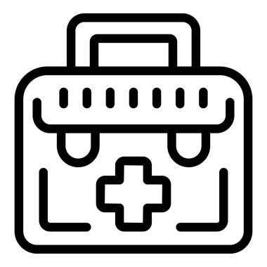 Klinikte veya hastanede tıbbi yardım ve müdahale vektör kiti için siyah çizgi illüstrasyonunda sağlık hizmeti, ilk yardım ve acil servis simgesine sahip doktorların tıbbi çanta ikonu