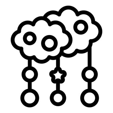 Kabarık bulutları ve sarkan yıldızları olan bir bebek odası aracının siyah beyaz çizimi