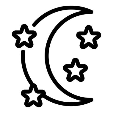 Yıldızlarla çevrili hilal şeklindeki tek renkli bir ayın çizimi, simgeler veya dekorlar için ideal.