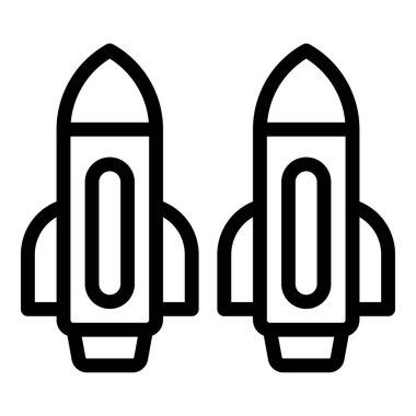 İki roket ikonundan oluşan siyah beyaz çizgi sanatı, uzay tasarımı projeleri için mükemmel.