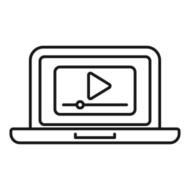 Merkezi bir çalma düğmesinin yer aldığı bir dizüstü bilgisayarın çizgi çizimi, video içeriğini sembolize ediyor