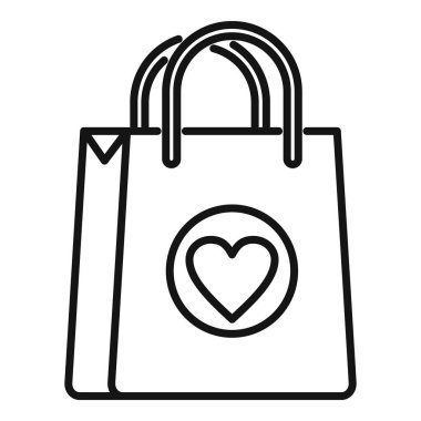 Kalp sembollü bir alışveriş çantasının siyah beyaz çizgisi çizimi