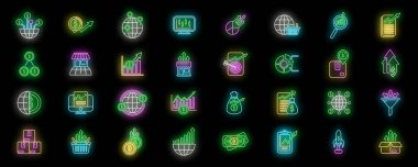 Gelişmekte olan pazar simgeleri ana hatları belirler. Ödeme çizelgesi. Fintech platform neon rengi siyah