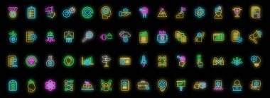 Gerçekleştirme simgeleri dış hat vektörünü ayarlar. Kendini hayal et. Başarı zaferi siyah üzerine neon rengi