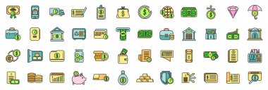 Banka rezerv simgeleri dış hat vektörü ayarlanır. Altını kontrol et. Para bankacılık ince çizgi beyaz üzerine düz renk