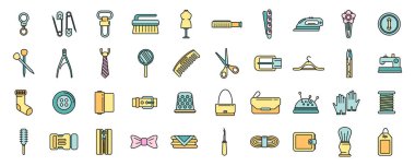 Tuhafiye simgeleri dış hat vektörünü ayarlar. Tekstil rulosu. İnce çizgili kumaş beyazı düzleştiriyor